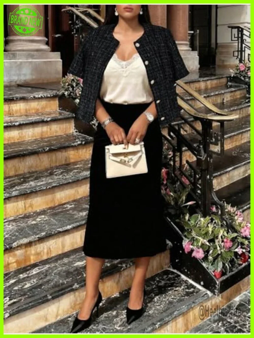 Tweed Blazer Short Sleeve Fully Lined Business Casual Coat with Pockets